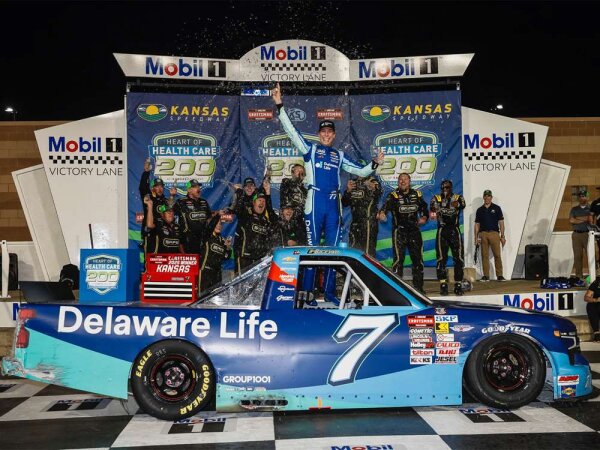 Carson Hocevar #7 NASCAR 2025 RCR Chevrolet Truck Delaware Life Kansas Race Win 1:64